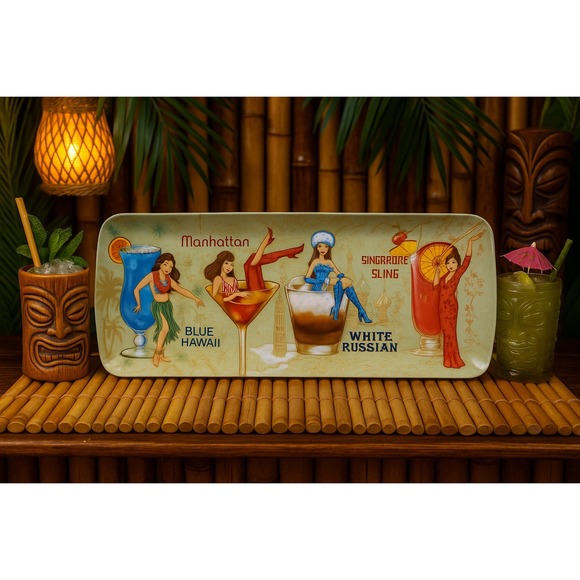 Retro Cocktail Girl Tray Manhattan, Blue Hawaii, White Russian, Singapore Sling - Picture 1 of 7